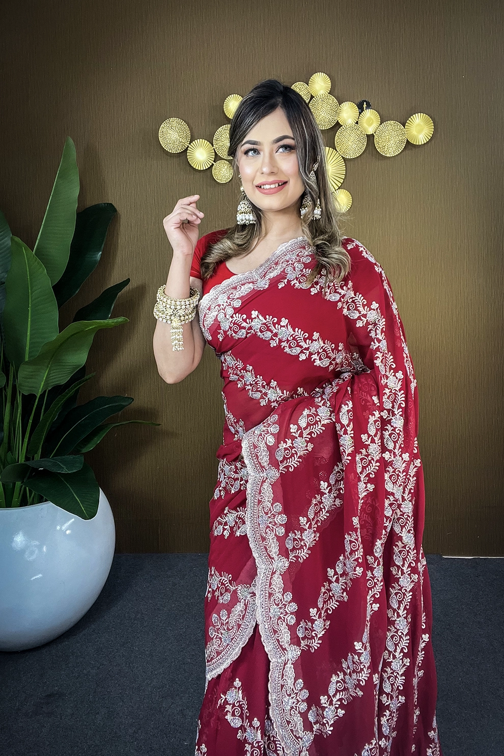 Red -Maroon High quality Siroski Glass Stone Silk Blend Mixed Chiffon Georgette Saree